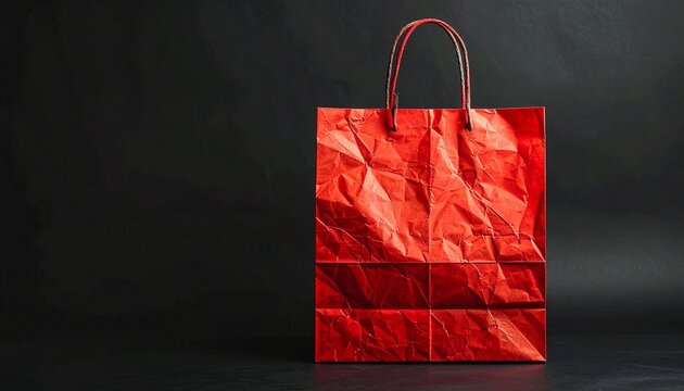 Crumpled red paper shopping bag with twisted handles, standing against a dark textured background with dramatic lighting. - Powered by Adobe
