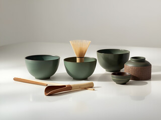 Minimalist Green Tea Set with Teapot and Cups on Wooden Tray