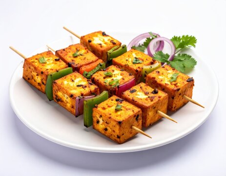 ** Tasty grilled paneer skewers with vibrant vegetables, garnished with herbs, served on a white plate. Ideal for vegetarian cuisine and food photography. **