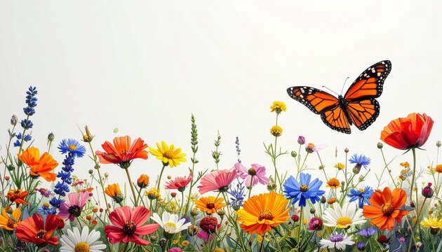 Colorful wildflowers and butterflies in full bloom against a soft gradient background, evoking springtime vibrance and natural harmony.
