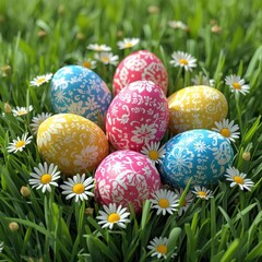 Colorful easter eggs nestled in green grass with white daisies