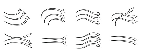 Air flow arrow. Set of arrows showing direction of air movement. Air flow isolated on white background.