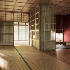 Fototapeta premium Red Empty muji, minimal japanese wooden room interior ,minimal style.3D rendering