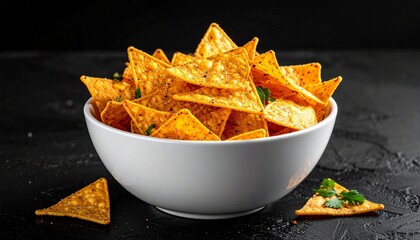 A white ceramic bowl brimming with vibrant orange, triangular tortilla chips on a dark textured surface.