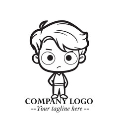 Black and White Chibi Boy Illustration with Jacket and Boots in Bold Thick Line Art Minimal Style
