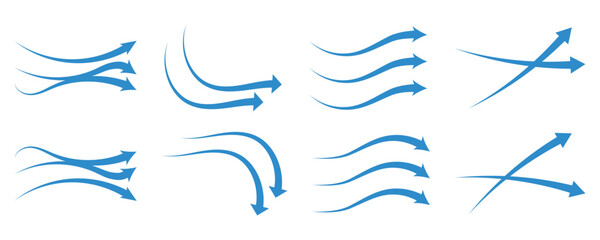 Air flow arrows. Blue cold wind stream, fresh water direction, filter and conditioner system infographic transparent movement and rotation elements. Vector arrow icons set