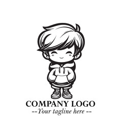 Black and White Chibi Boy Illustration with Jacket and Boots in Bold Thick Line Art Minimal Style