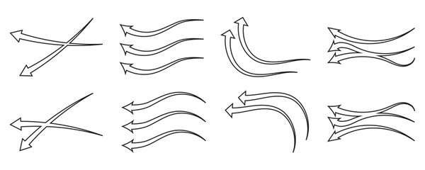 Set of black and arrow showing air or wind flow. Air conditioner direction. Isolated on white background .