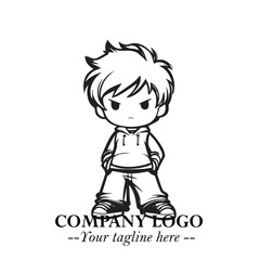 Black and White Chibi Boy Illustration with Jacket and Boots in Bold Thick Line Art Minimal Style
