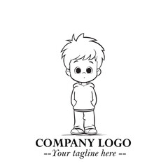 Black and White Chibi Boy Illustration with Jacket and Boots in Bold Thick Line Art Minimal Style