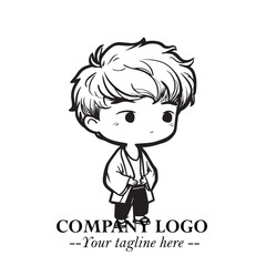 Black and White Chibi Boy Illustration with Jacket and Boots in Bold Thick Line Art Minimal Style