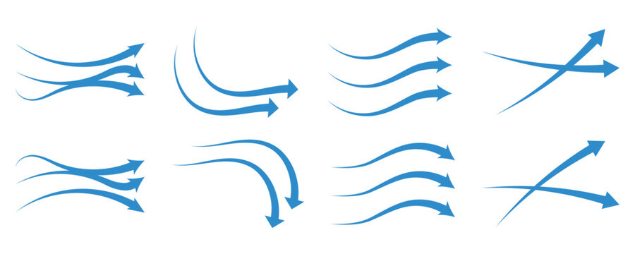 Air flow arrows. Blue cold wind stream, fresh water direction, filter and conditioner system infographic transparent movement and rotation elements. Vector arrow icons set