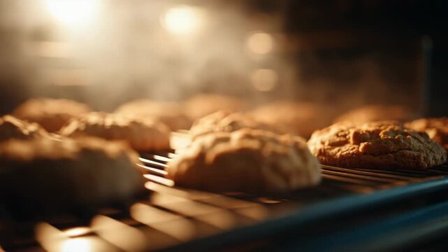 Baking warm chocolate chip cookies in a cozy kitchen setting