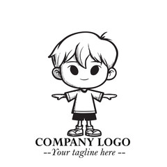 Black and White Chibi Boy Illustration with Jacket and Boots in Bold Thick Line Art Minimal Style