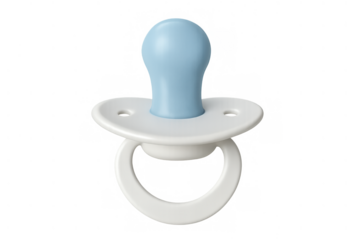 Baby pacifier with blue plastic nipple and white disc providing comfort for infants, product shot on transparent background