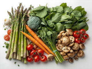 A colorful assortment of fresh vegetables including carrots, broccoli, spinach, tomatoes, and chili on white background, symbolizing health and nutrition