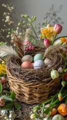 Easter nest filled with colorful eggs and spring flowers