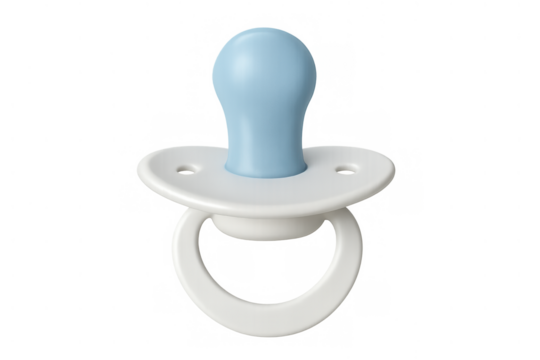 Baby pacifier with blue plastic nipple and white disc providing comfort for infants, product shot on transparent background