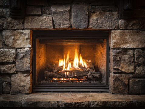 Fireplace Insert. Natural Gas Fire with Stone Surrounding Emitting Warm Glow