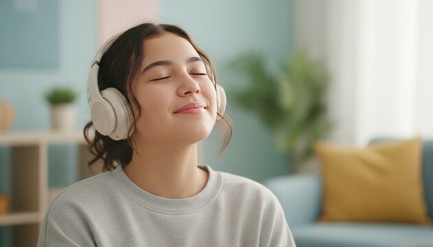 A happy teenage girl with eyes closed listening to music on wireless headphones. A young woman relaxing at home and enjoying her favorite audio playlist. Youth lifestyle and mindfulness concept - Powered by Adobe