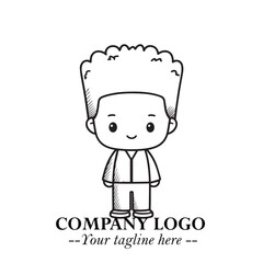 Black and White Chibi Boy Illustration with Jacket and Boots in Bold Thick Line Art Minimal Style