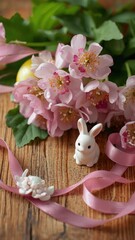 Delicate pink flowers and easter bunny figurines on wooden surface