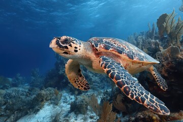 Fototapeta premium Florida Sea Turtle: HawksBill in the Underwater World of Florida Keys