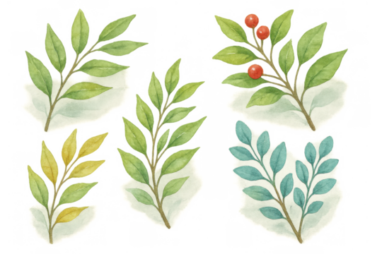 Watercolor botanical leaves and red berries branches set with transparent background, nature illustration for spring or autumn - Powered by Adobe