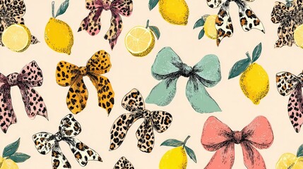 Seamless pattern with hand-drawn lemons and colorful bows in vintage style, pastel background with leopard print ribbons, fashion textile design concept.