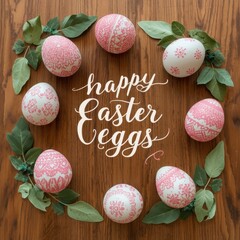 Happy easter eggs arranged in a circle with greenery on wooden background