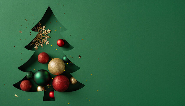 A green silhouette Christmas tree decor filled with red, green, and gold baubles and a gold snowflake accent. Perfect for holiday greeting and New Year themes, festive atmosphere, warm celebration - Powered by Adobe