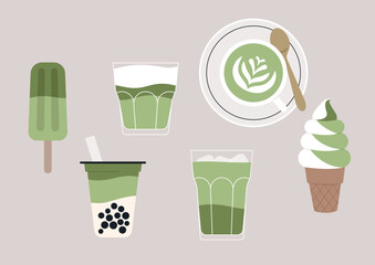 Explore a delightful selection of matcha-inspired goodies, including a creamy ice cream cone, refreshing drinks, and a unique popsicle, all perfect for enjoying on a warm day