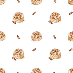 Seamless watercolor pattern featuring cinnamon rolls and cinnamon sticks. For packaging design, textiles, recipe covers, kitchen accessories, and fall collections.