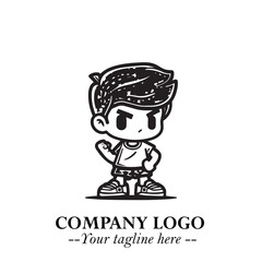 Black and White Chibi Boy Illustration with Jacket and Boots in Bold Thick Line Art Minimal Style