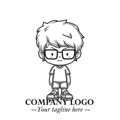 Black and White Chibi Boy Illustration with Jacket and Boots in Bold Thick Line Art Minimal Style