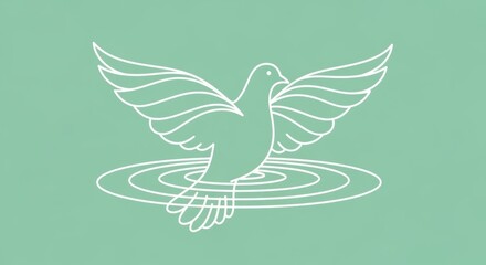 Obraz premium Minimalist line art illustration of a dove as a symbol of peace. A white bird with spread wings over water ripples. International animal rights day concept