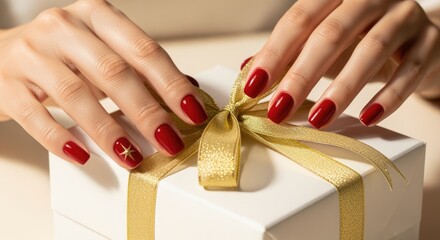 Close-up of a woman's hands with red nails tying a golden ribbon on a white gift box. The scene conveys a festive atmosphere, perfect for celebrations.