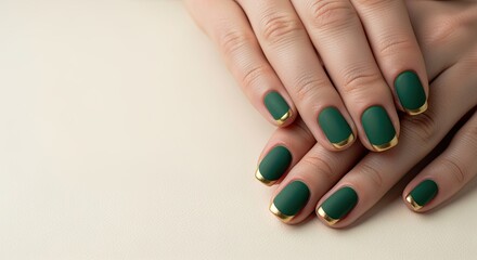Close-up of manicured hands with green matte nails and gold tips. The background is a soft, neutral color, emphasizing the nail art design.