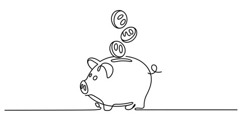 Simple continuous line drawing of a piggy bank with coins falling in