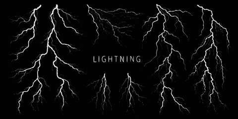 Collection of white lightning bolts and electrical discharge effects on a black background