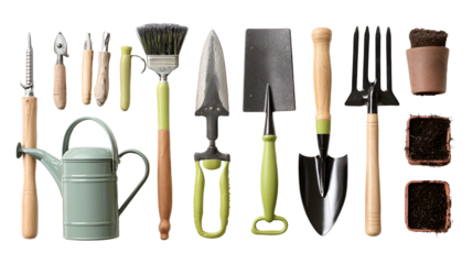 Collection of gardening tools and supplies arranged on a black background
