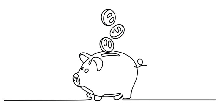 Simple continuous line drawing of a piggy bank with coins falling in