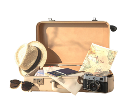  Flat Lay Suitcase with Holiday Accessories – Travel Lifestyle PNG