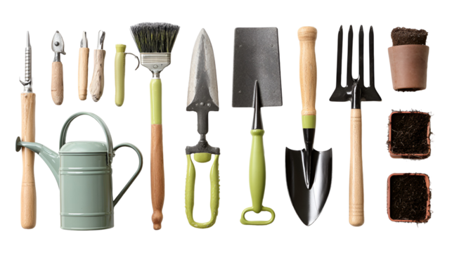 Collection of gardening tools and supplies arranged on a black background