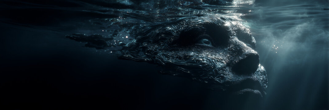 Extreme close-up- A surreal underwater portrait of a human face shaped by rippling water and refracted light, evoking the eerie silence and mystery of the deep ocean. Generative Ai.