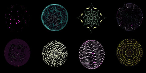 Collection of eight abstract geometric circular and spherical designs in various colors and patterns on a black background