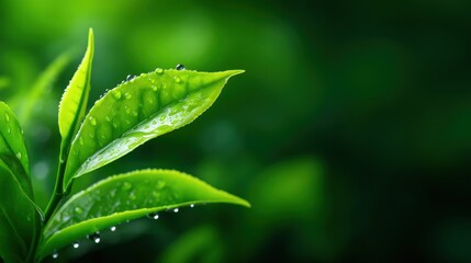 Fresh Green Tea Leaves with Dew Drops