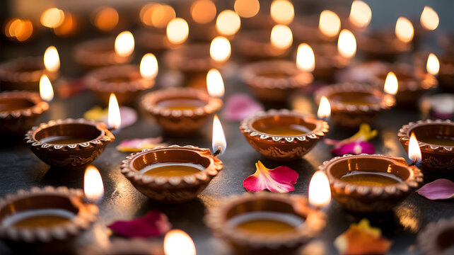 Warm glowing Diwali diyas with flickering flames and floral accents create a festive and spiritual atmosphere, perfect for celebrations