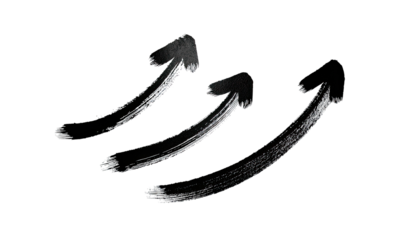 Three stylized, upward-pointing arrows, painted in dark gray ink on a black background.  Each arrow is a flowing, slightly textured line, creating a sense of movement and dynamism