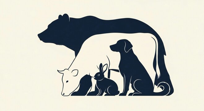 Animal Silhouettes Layered Composition: Bear, Cow, Dog, Rabbit in Dark Blue